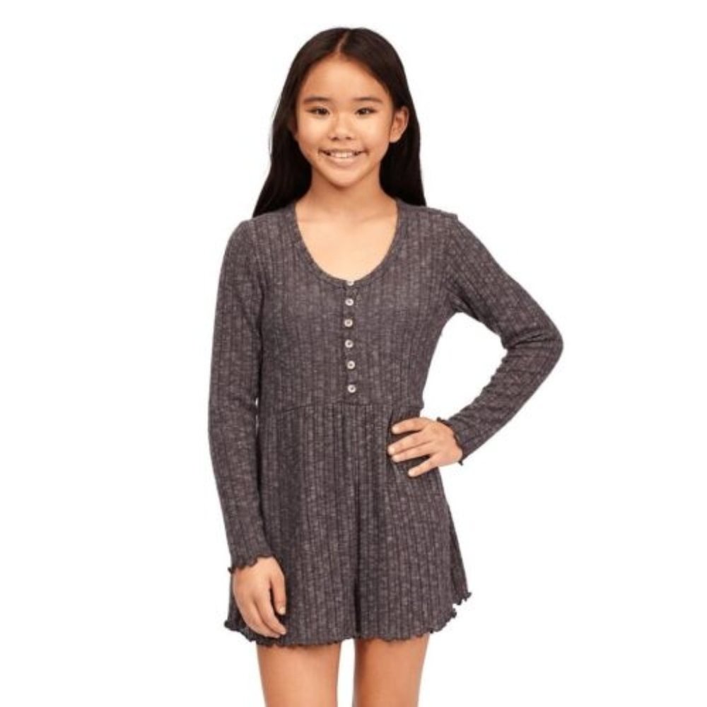 Billabong Girl's Dark Athletic Grey To the Weekend Henley Romper Size L /12